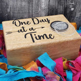 One Day At A Time AA chip holder wood box recovery gifts serenity prayer alcoholics anonymous