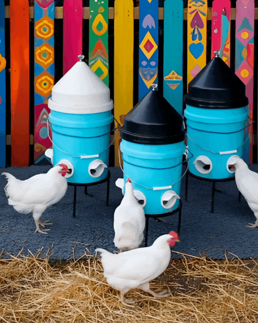 white-chickens-eating-from-feeders-protected-by-poultry-pyramid-roost-proof-bucket-covers