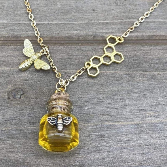 gold honey bee honeycomb honey pot dangling necklace