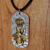 queen bee handcrafted necklace dog tag hammered engraved side view