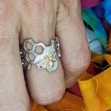 queen honey bee ring two tone gold silver adjustable honeycomb jewelry