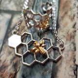 two tone gold silver honeycomb bar necklace and honeycomb ring set beekeeping jewelry gifts